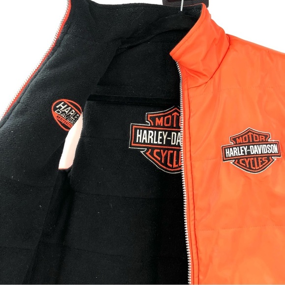 HARLEY DAVIDSON Vest M 10-12 Motorcycle Orange Black Reversible Pockets Kids Boy - Picture 9 of 11